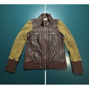 BKE Faux Leather Moto Jacket Women's Medium Brown Full Zip Buckle Motorcycle